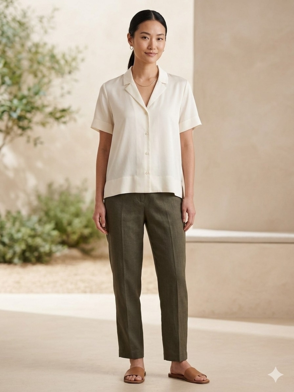 Quince Washable Stretch Silk Short Sleeve Notched Collar Blouse Ivory Small